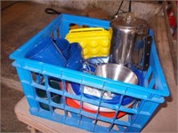 Poly Crate w/Coffee Pot, Bowls, Plates,
