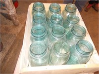Wooden Crate w/(12) Green Canning Jars