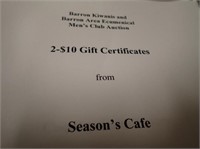 (2) $10 Gift Certificates From Season's Cafe