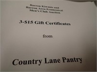 (3) $15 Gift Certificates From Country Lane Pantry