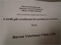 (1) $100 Gift Certificate From Barron Veterinary