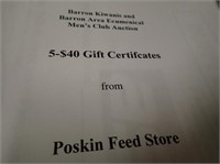 (2) $40 Gift Certificates From Poskin Feed Store
