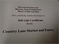 (1) $50 Gift Certificate From Country Lane