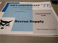 $225 Value Gift Certificate From Barron Supply For