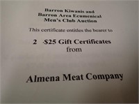 (2) $25 Gift Certificates From Almena Meat Company