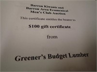(1) $100 Gift Certificate From Greener's Budget