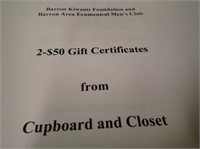 (1) $50 Gift Certificate From Cupboard and Closet