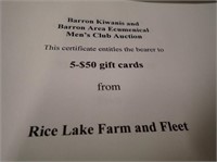 (2) $50 Gift Cards From Rice Lake Farm & Fleet