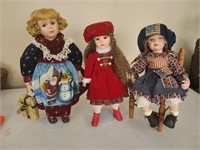 Lot of 3 Vintage Porcelain Dolls w/stands and