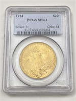 1924 Saint Gaudens $20 Gold Double Eagle M S 63