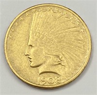1908 $10 Indian Head Gold Eagle Coin Denver Mint