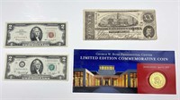 2pc $2 U. S. Bills, Confederate $20 Bill, Coin