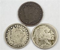 3pc U. S Nickels: Liberty Head, Indian Head