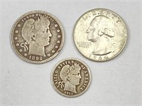 U. S. Silver 1892, 1964 Quarter, 1913 Barber Dime
