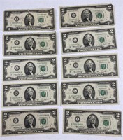 10pc $2 Two Dollar U. S. Series 1976 Paper Bills