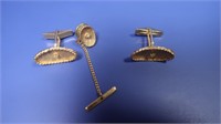 14K Cufflinks&Tie Pin w/Diamonds 9.2gr Gold wt.