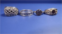 4 Sterling Silver Rings(Amethyst-Sz7,CZ&Onyx-Sz 7,