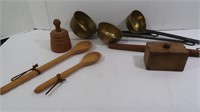 Vintage Butter Press, Wood Spoons & Brass Ladles