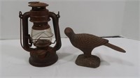 Vintage Small Oil Lamp & Cast Iron Bird