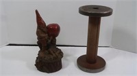 Vintage Wooden Spool & Gnome Figurine