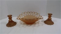 Wstmld Glass-"Open Lace" Fruit Bowl, Candle Sticks