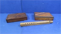 Vntg Wood Cigarette Box, Wood Flute, Foreign Coin,