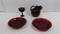 Vintage Ruby Glass Bowls, Pitcher &  Goblet