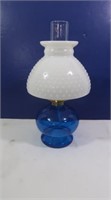 Blue Glass, Hobnail Shade Oil Lamp