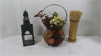 Tin Candle Holder, Decorative Wire Basket w/Fruit