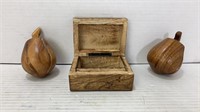 2 Pear Figurines And Box Wooden