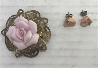Rose Pin And Earring Set