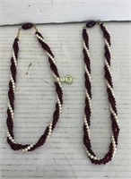 2 Thick Beaded Necklaces Red And White