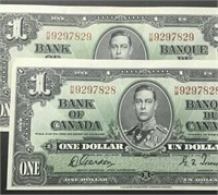 2X 1937 $1 Bank of Canada King George Consecutive