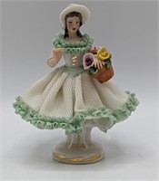 Vintage Dresden Porcelain Mini Lace Girl w/Flowers
