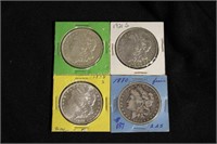 4 MORGAN SILVER DOLLARS 1878-S, 80,1921, 21-S