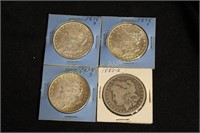 4 MORGAN SILVER DOLLARS, 3- 1878-S, 1883-S