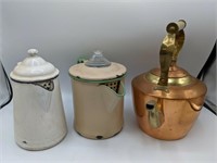 Two Enamelware Pitchers and Copper Kettle