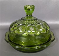 Vintage Moon & Stars Green Glass Covered Dish