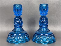 Two Vintage Moon & Stars Glass Candleholders