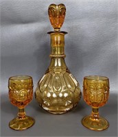 L.G. Wright Amber Decanter with Two Wine Glasses