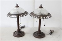2 METAL TABLE LAMPS W/ GLASS SHADES