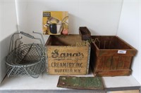 2 WOODEN BOXES, 3 EGG BASKETS, LICENSE PLATE