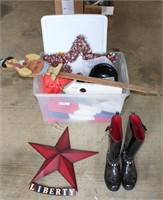 Size 8 Rubber Boots & Tote of Misc Holiday Decor,