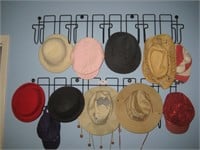 Assorted Caps/Hats & Metal Wall Cap Holder