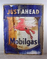Large Vintage Mobilgas Just Ahead Tin Sign