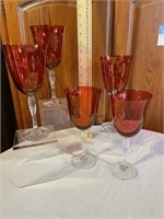 RED CRYSTAL GOBLET GLASSES - 5 STEMS