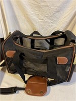SHERPA CAT CARRIER - BLACK MESH WITH BROWN LEATHER