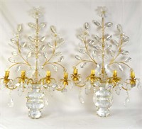 Pr Rare Rock Crystal Gold Leaf Sconces w. Birds