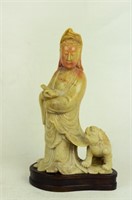 Chinese Soapstone Carving of Guan Yin and Foo Dog