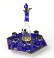 French Silver & Enamel Decanter, Cups & Tray Set